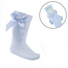 S141-B: Blue Knee Length Socks w/Bow (0-24 Months)